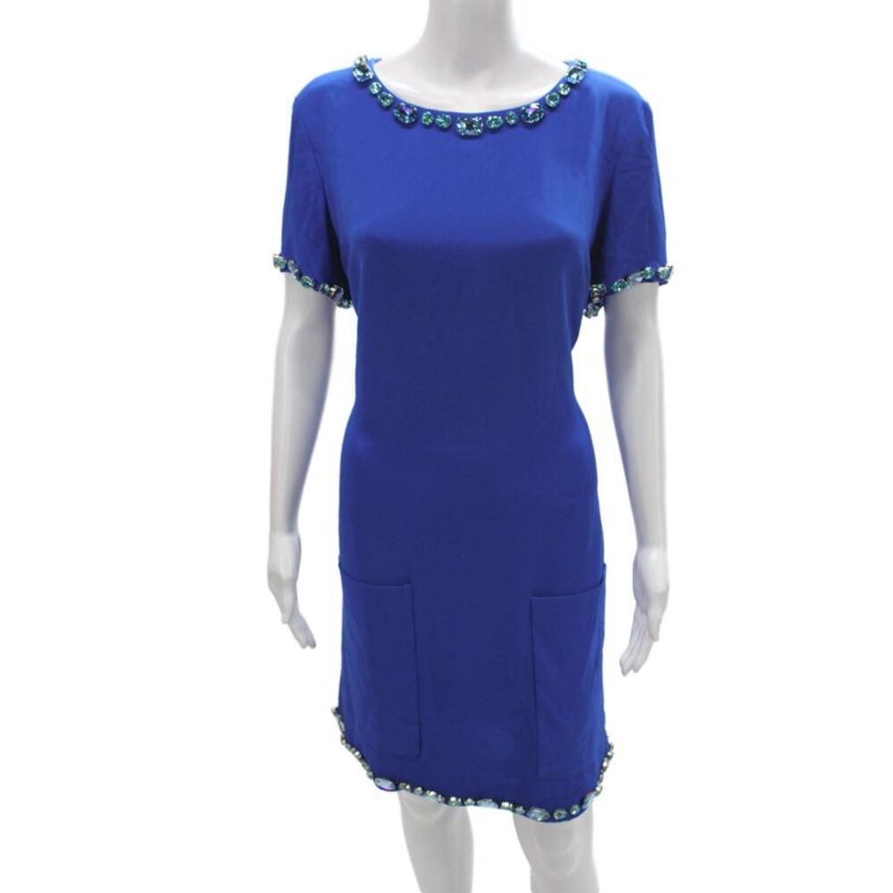 CD Greene Womens Shift Dress Blue Short Sleeve Round Neck Zip Jeweled Size M